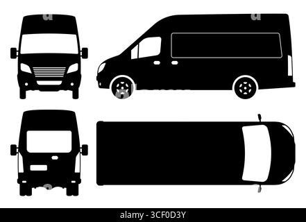 Silhouette de van sur un fond blanc. Les icônes du véhicule définissent la vue latérale, avant, arrière et supérieure. Illustration de Vecteur