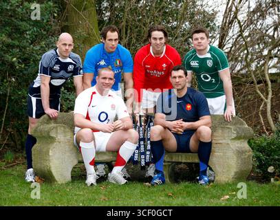 Phil Vickery, Simon Webster, Ryan Jones, Brian O'Driscoll, Sergio Parisse et Lionel Nallet lors d'un appel photo pour le tournoi de rugby des six Nations, Londres, le 23 janvier 2008 Banque D'Images