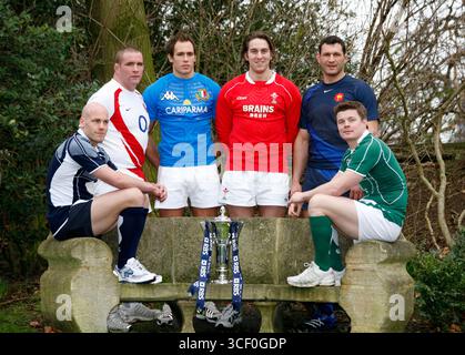 Phil Vickery, Simon Webster, Ryan Jones, Brian O'Driscoll, Sergio Parisse et Lionel Nallet lors d'un appel photo pour le tournoi de rugby des six Nations, Londres, le 23 janvier 2008 Banque D'Images