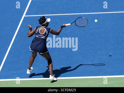 New York, États-Unis. 19 août 2025. Venus Williams des États-Unis revient lors de la 1ère manche de l'US Open Championship en double mixte avec Reilly Opelka des États-Unis contre Karolina Muchova de la République tchèque et Andrey Rublev au USTA Billie Jean King National Tennis Center à New York, NY le 19 août 2025. Muchova/Rublev a gagné en deux sets. (Photo de Lev Radin/Pacific Press) crédit : Pacific Press Media production Corp./Alamy Live News Banque D'Images