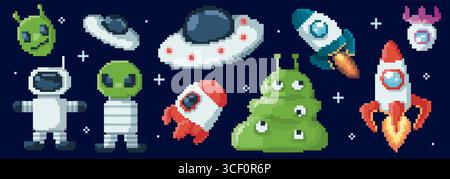 Collection d'espace pixel avec OVNI et envahisseurs, fusée et créatures extraterrestres pour jeu d'arcade rétro. astronaute 8 bits, monstre vert avec soucoupes volantes. Sprites de science-fiction rétro pour les applications de tir cosmique. Illustration de Vecteur