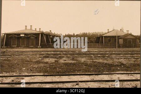 La photographie du début des années 1900 représente l'ancienne gare d'Alytus en Lituanie. Prise par un photographe inconnu, l’image capture la structure et les environs de la station au début du XXe siècle. Alytus, un point important du réseau ferroviaire de la région, est visible sur cette photo historique. Banque D'Images