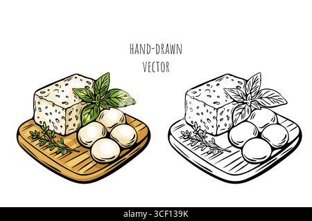 Plateau de fromage méditerranéen dessiné à la main avec mozzarella, herbes et feta en couleurs et en noir et blanc. Illustration de Vecteur
