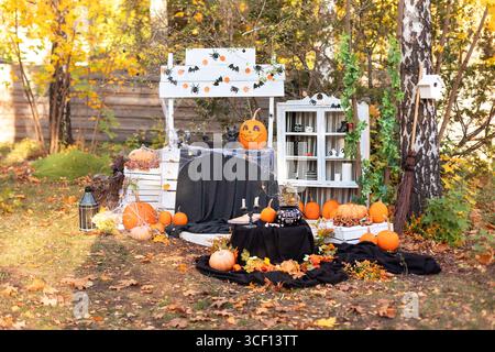 Jardin festif décoré de citrouilles, chauves-souris, chaudron de sorcière avec potion et attributs magiques pour sorcière. Décoration design Halloween maison extérieur. Banque D'Images