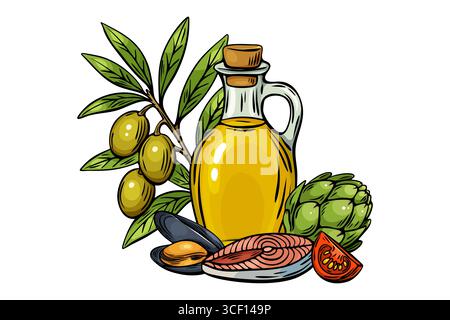 Ensemble de plats méditerranéens dessinés à la main avec des fruits de mer, des légumes, de l'huile d'olive, du fromage et des herbes dans un style vectoriel d'esquisse détaillé. Illustration de Vecteur