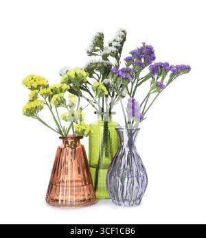 Différentes belles fleurs dans des vases en verre isolés sur blanc Banque D'Images