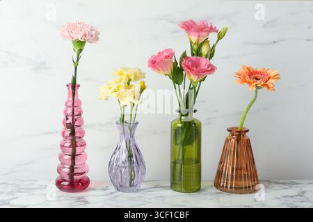 Différentes belles fleurs dans des vases en verre sur une table en marbre blanc Banque D'Images