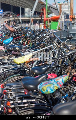 Amsterdam, pays-Bas - 02 juillet 2018 : parking pour vélos sur la rive d'Amsterdam Banque D'Images
