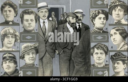Un montage photo montrant le tueur en série français Landru (1869-1922) entouré de portraits des femmes avec qui il a eu des relations entre 1915 et 1918, puis assassinées. Prise à Versailles, 1921. Banque D'Images