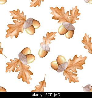 modèle sans couture de glands d'automne et de feuilles de chêne, dessiné à la main à l'aquarelle. Banque D'Images