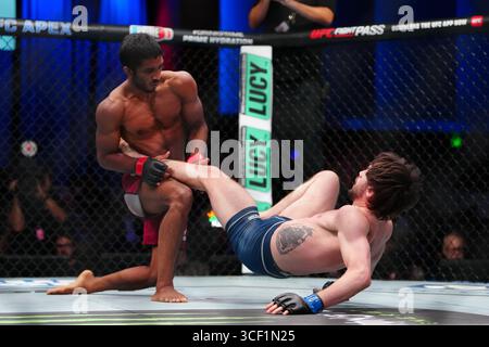 Las Vegas, Nevada, États-Unis. 19 août 2025. LAS VEGAS, NV - 19 août : Kaushik Saikumar et Louis Lee Scott se rencontrent dans l'octogone pour un combat de 3 tours à l'UFC Apex pour l'EP UFC - DWCS - Dana White Contender Series. 2 le 19 août 2025 à Las Vegas, NV, États-Unis. (Photo de Louis Grasse/PxImages) crédit : Px images/Alamy Live News Banque D'Images