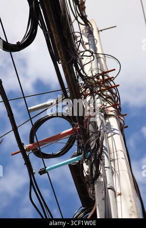 Des fils électriques et de communication enchevêtrés créent un désordre chaotique sur un poteau de service à dominicus, en république dominicaine, mettant en évidence l'infrastructure chall Banque D'Images