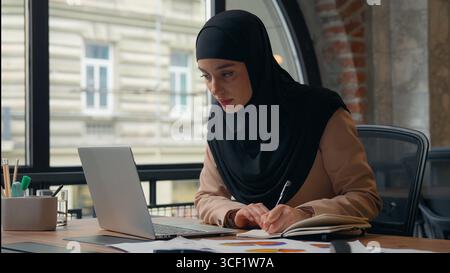 Femme d'affaires concentrée ethnique femme d'affaires musulmane femme d'affaires employeur arabe entrepreneur travaillant à table dans le bureau avec des documents papiers Banque D'Images