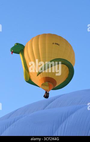 Bristol International Hot Air Balloon Fiesta 2025, montgolfières montantes et descendantes de Ashton Gate Estate Bristol, montgolfière Snake en vol Banque D'Images