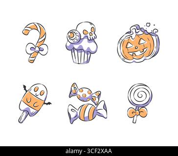 Ensemble de bonbons d'halloween et l'illustration de bonbons comprennent la canne à bonbons, cupcake, biscuit à la citrouille, popsicle fantôme, bonbons emballés et sucette parfaite pour Illustration de Vecteur