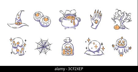 Ensemble d'éléments d'Halloween et icônes dessinées à la main comprend un chapeau de sorcière, globe oculaire, chaudron, main avec globe oculaire, arbre effrayant, crânes, toile d'araignée, potion bott Illustration de Vecteur