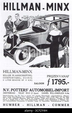 Cette publicité de 1933 pour Hillman (GB) présente le modèle Minx, importé par Potters Automobiel Import à Amsterdam. Il souligne la disponibilité européenne du véhicule et le rôle de l'importateur dans la distribution des voitures britanniques aux pays-Bas. Banque D'Images