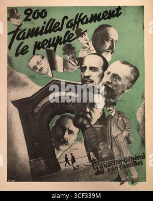 Une affiche du Parti communiste français dans les années 1930, avec le slogan "200 familles affament le peuple", soulignant l'inégalité sociale et la lutte de classe dans cette période. Banque D'Images