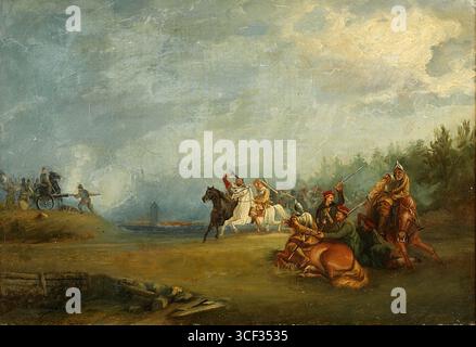 Cette œuvre de 1899 représente une scène de bataille impliquant Gustav II Adolf, le roi de Suède, connu pour son leadership militaire pendant la guerre de trente ans. L'illustration montre son rôle dans l'histoire militaire suédoise. Banque D'Images