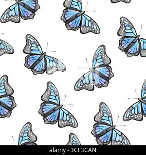 Modèle sans couture avec des papillons bleus sur un fond blanc idéal pour le papier peint ou la conception textile Illustration de Vecteur