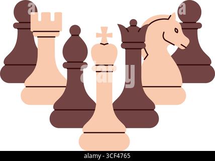 Illustration complète d'ensemble d'échecs minimal avec roi, reine, tour, évêque, chevalier et pions dans un style abstrait équilibré Illustration de Vecteur