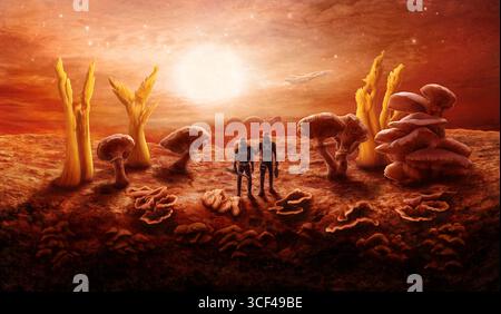 Deux astronautes sur une planète extraterrestre avec des champignons, un paysage rocheux, un vaisseau spatial, un soleil énorme, des étoiles Banque D'Images