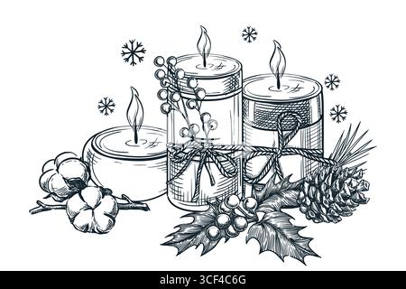 Illustration d'esquisse dessinée à la main de vecteur de bougies, de coton, de houx et de cône de pin. Éléments de conception pour cartes de Noël, décoration intérieure de vacances, hiver Illustration de Vecteur