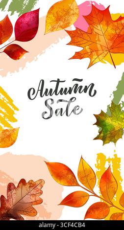 Cadre de bannière verticale vectorielle avec chêne d'automne, érable, feuilles de frêne et taches de pinceau d'aquarelle. Éléments de conception d'automne pour fond saisonnier, médias sociaux Illustration de Vecteur