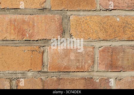 Une vue rapprochée d'un mur de briques vieillies, montrant des variations subtiles de couleur, des surfaces rugueuses. Banque D'Images