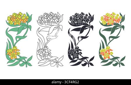 Ensemble Art nouveau décoratif de plantes d'aspires dessiné à la main. Silhouettes monochromes vintage et motifs colorés aux contours Illustration de Vecteur