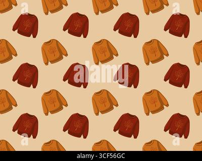 Modèle sans couture avec sweat-shirts d'automne sur fond beige. Vêtements de temps d'automne. Fond de vecteur de dessin animé Illustration de Vecteur