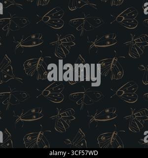 Motif vert olive de papillons sans couture sur fond noir pour le papier d'emballage de tissu de papeterie de décoration à la maison illustration vectorielle Illustration de Vecteur