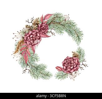 Couronne de roses Bordeaux, branches de sapin, cônes, fleurs séchées, branches sèches et plumes. Illustration aquarelle dans le style steampunk pour Noël et Banque D'Images