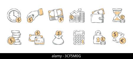 Finances et affaires . Collection d'illustration de dessin animé d'icône dessinée à la main. Jeu 2 sur 3 . Vecteur . Illustration de Vecteur
