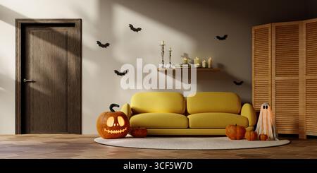 Décoration élégante d'Halloween avec citrouilles sculptées et éclairage d'ambiance. Illustration de rendu 3D. Banque D'Images