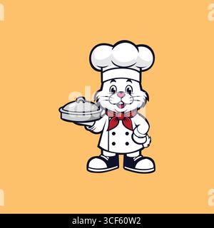 Dessin animé Rabbit Chef Vector en blanc, noir, gris et rouge sur fond orange doux Illustration de Vecteur