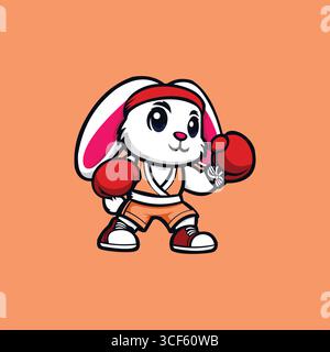 Cute Cartoon Rabbit Boxer Vector en rose, blanc, orange, noir et blanc sur fond orange doux Illustration de Vecteur