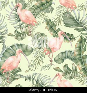 Tropical Paradise impression sans couture isolé sur blanc. Rose aquarelle ibis en feuilles de bananier et palmiers tropicaux en vert doux dessinés à la main. Oiseau exotique Banque D'Images