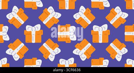 Motif de boîte-cadeau de dessin animé sans couture. Boîtes cadeaux orange avec des noeuds blancs dans le style plat de dessin animé. Motif coloré sans couture sur fond violet. Illustration de Vecteur