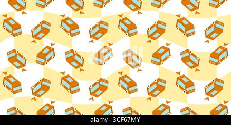 Motif de bus scolaire de dessin animé sans couture. Bus orange de bande dessinée avec drapeaux dans un style plat. Motif de voyage sans couture sur fond ondulé jaune. Illustration de Vecteur