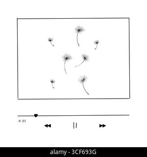Liste de lecture, interface lecteur de musique illustration de doodle dessinée à la main. Musique d'amour, esquisse romantique simple de pissenlit. Fleur avec cadre. Illustration vectorielle Illustration de Vecteur