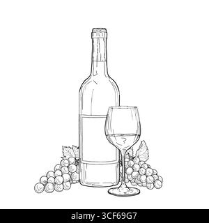 Verre et grappes de raisins, à côté d'une bouteille de vin, croquis noir et blanc. Illustration vectorielle. Boisson de vin classique en verre, isolé sur blanc Illustration de Vecteur