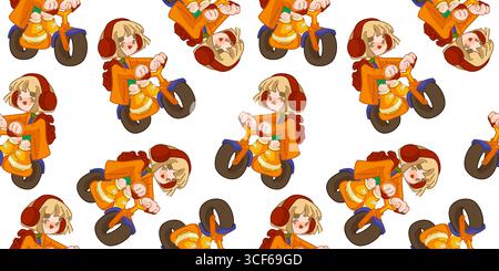 Fille de dessin animé de fille de vélo d'automne sans couture dans la tenue d'automne chevauchant un modèle répétitif sans couture de vélo dans un style plat ludique sur un fond blanc Illustration de Vecteur