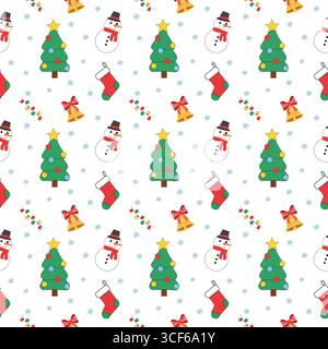 Motif sapin de Noël, bonhomme de neige et cloches festives Illustration de Vecteur