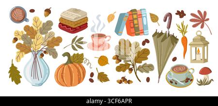 Ensemble confortable d'icônes d'automne plat Illustration de Vecteur
