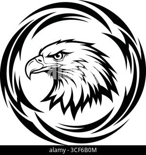 Une illustration frappante en noir et blanc d'une tête d'aigle féroce, rendue dans un style tribal avec des lignes anguleuses et pointues et des plumes détaillées. L'aigle » Illustration de Vecteur