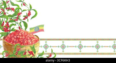 Panier de fruits en osier avec café éthiopien cerises mûres et branches baies. Drapeau national et illustration d'aquarelle d'ornement traditionnel pour culin Banque D'Images