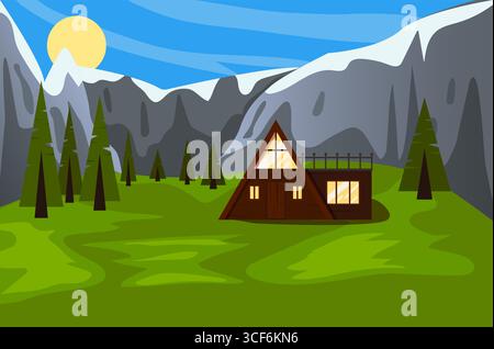 Paysage de minuscule maison triangulaire pour camping confortable dans la forêt avec des montagnes en arrière-plan. Concept de vacances écologique. Vecteur plat Illustration de Vecteur
