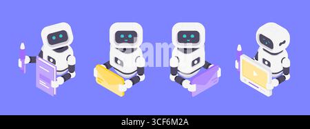 Illustration vectorielle isométrique mettant en vedette des robots IA conviviaux engagés dans l'apprentissage, la gestion des données, la création de contenu et le traitement multimédia accentuzi Illustration de Vecteur