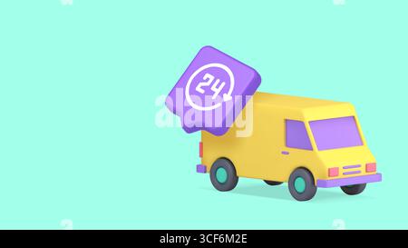 Camion de livraison jaune combiné à un bouton de service 24 heures sur 24 représentant la logistique, l'expédition et le soutien 24 heures sur 24. spac. copie icône réaliste 3d Illustration de Vecteur